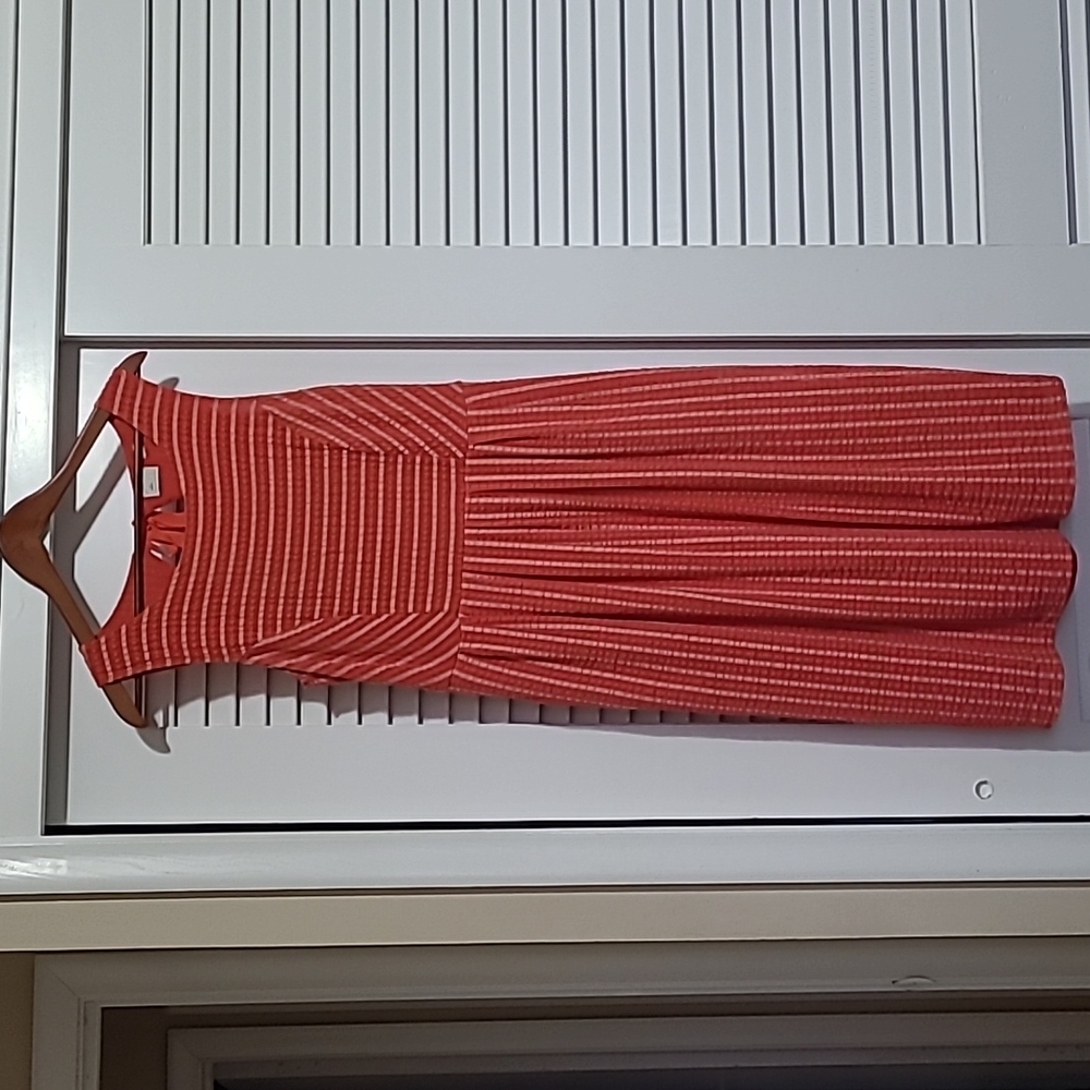 Anthropologie Postmark Retro Ribbon Striped Coral Midi Dress w/Pockets